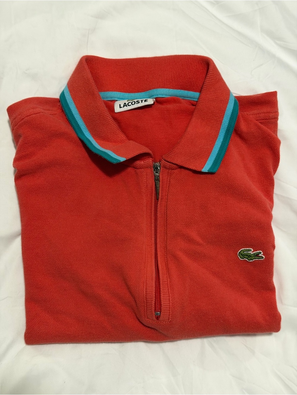 Lacoste Men’s Red Half-Zip Polo Sweater with Teal Trim